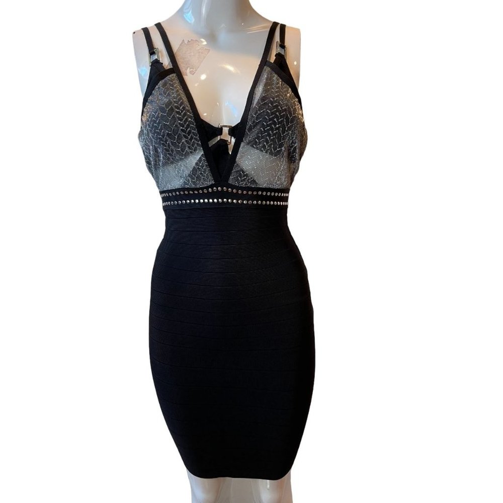 bebe Womens Fitted Bodycon Dress Built in Bra Backless Beaded Black SZ X Small